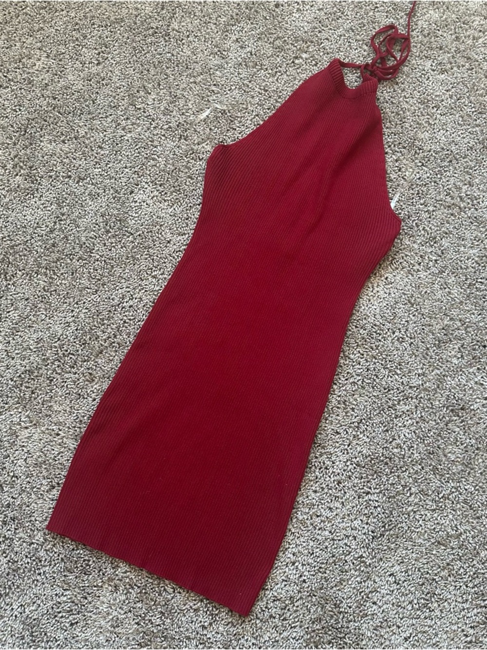 Sleeveless Ribbed Halter Mini Dress in Deep Red